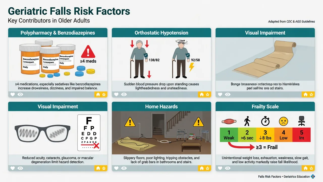 Multifactorial geriatric falls risk factors including drugs vision and environment