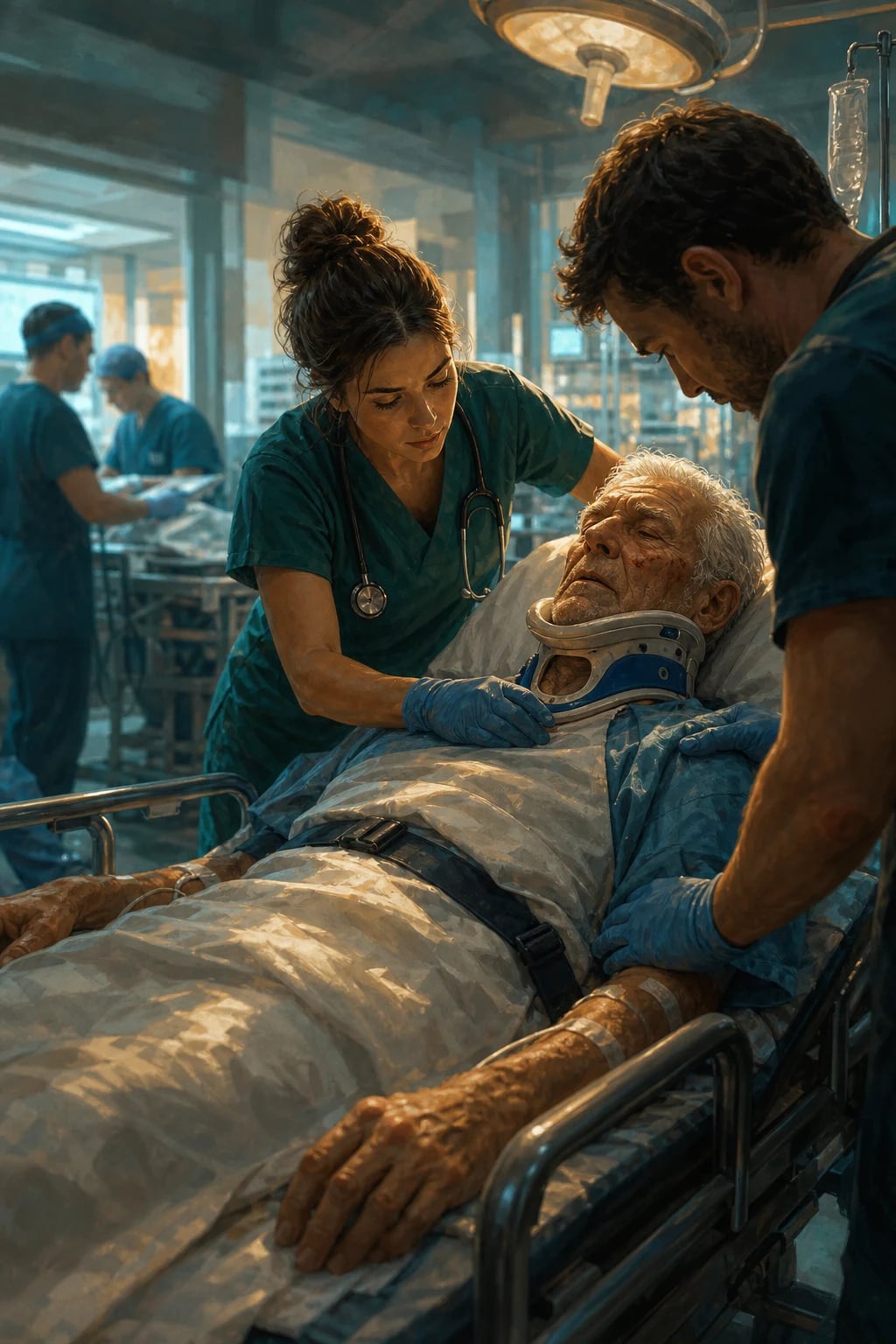 An elderly patient being assessed after a fall