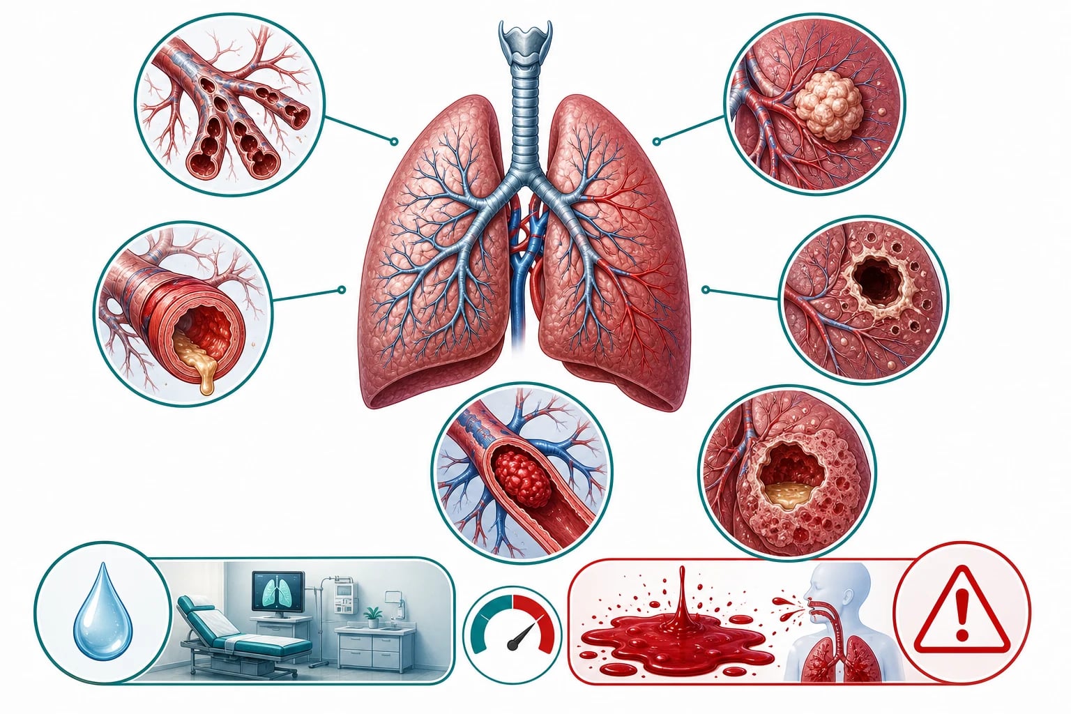 Educational diagram of common causes of haemoptysis including bronchiectasis, tuberculosis cavity, lung cancer and pulmonary embolism infarct
