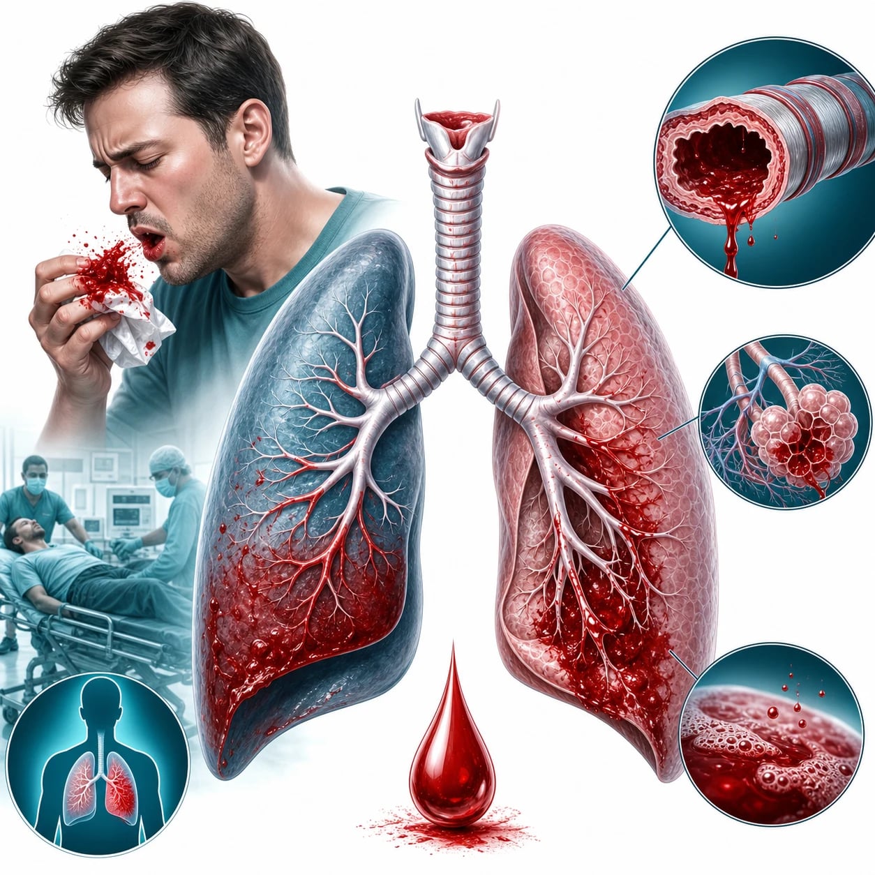A patient coughing blood with an urgent bronchoscopy being prepared in a resuscitation bay