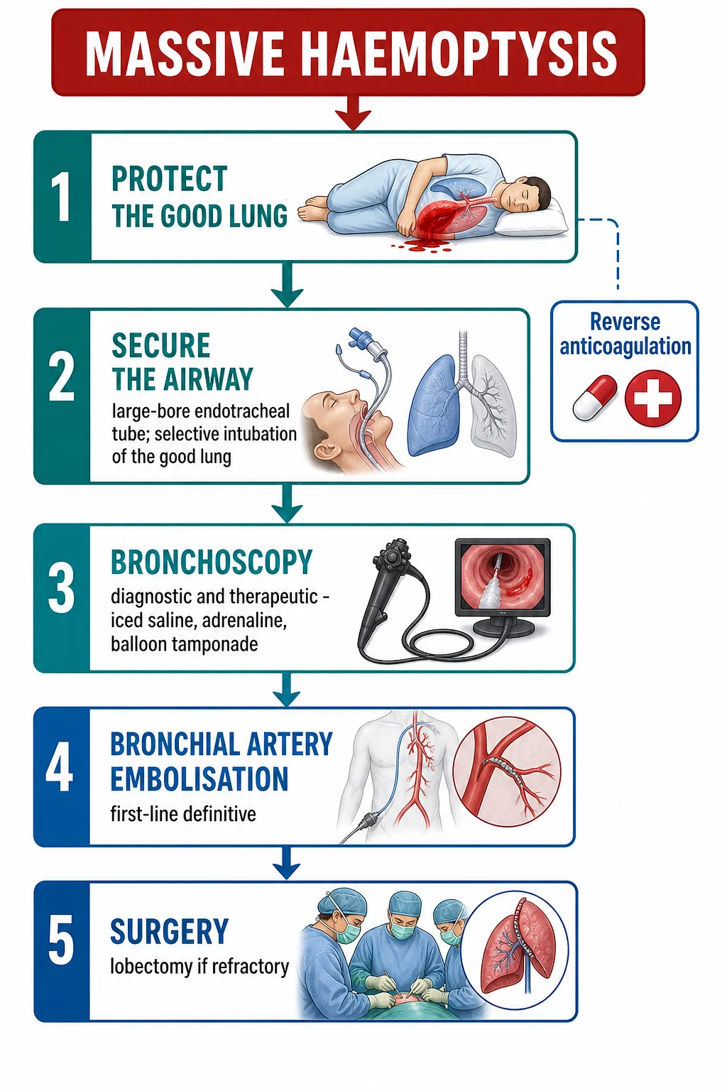 Educational flowchart for massive haemoptysis: bleeding-side-down positioning, large endotracheal tube, bronchoscopy and bronchial artery embolisation