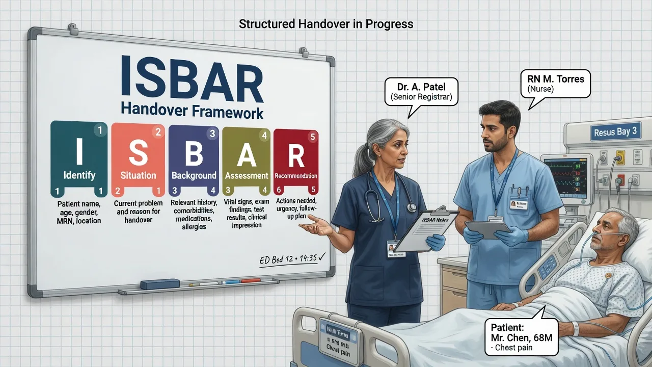 A clinical handover in the emergency department using the ISBAR framework displayed on a board