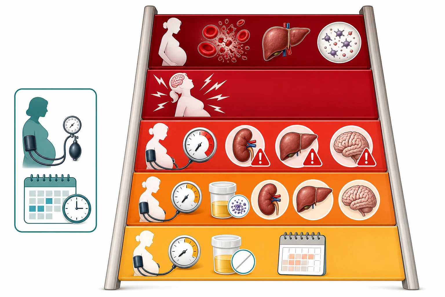 An escalating ladder from gestational hypertension to pre-eclampsia to severe pre-eclampsia to eclampsia to HELLP, beside a separate chronic hypertension box