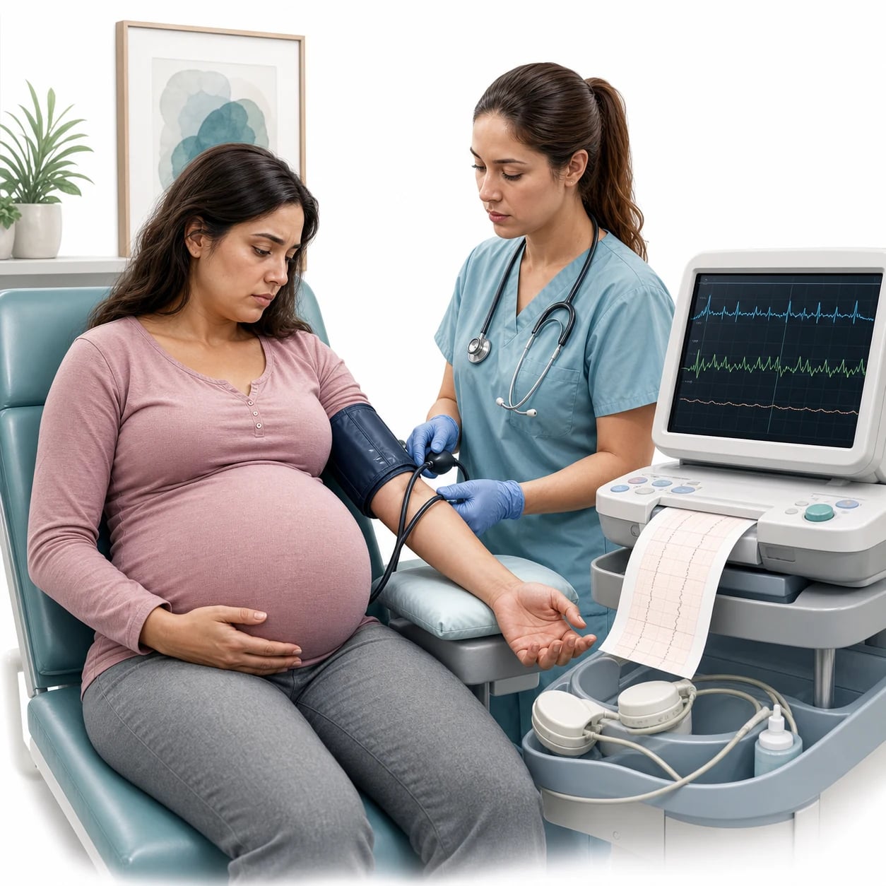 A pregnant woman with a blood pressure cuff and a fetal heart monitor beside her