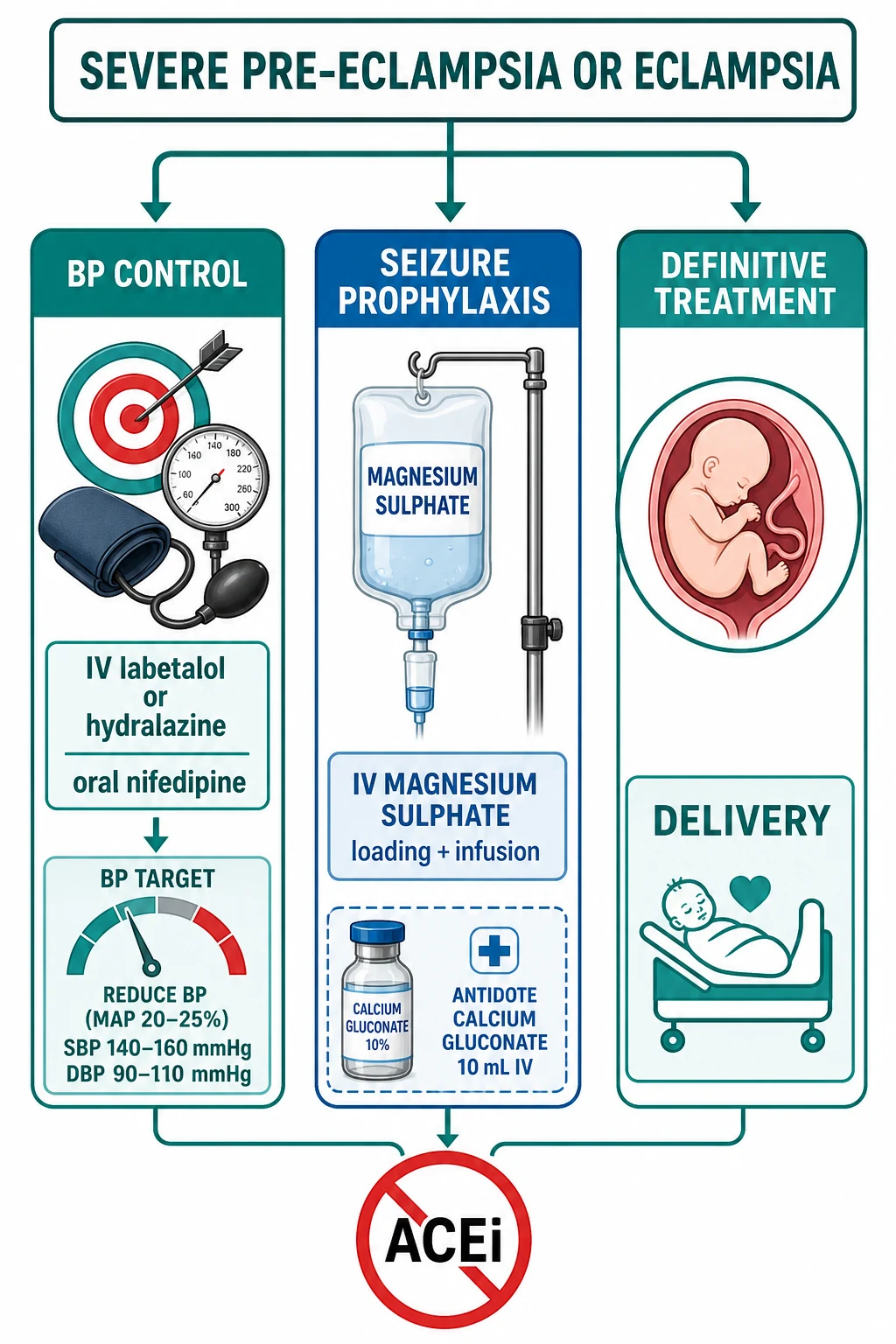 A flowchart with three arms: BP control with labetalol or hydralazine or nifedipine; seizure prophylaxis with magnesium sulphate and calcium gluconate antidote; and delivery, with a crossed-out ACE inhibitor