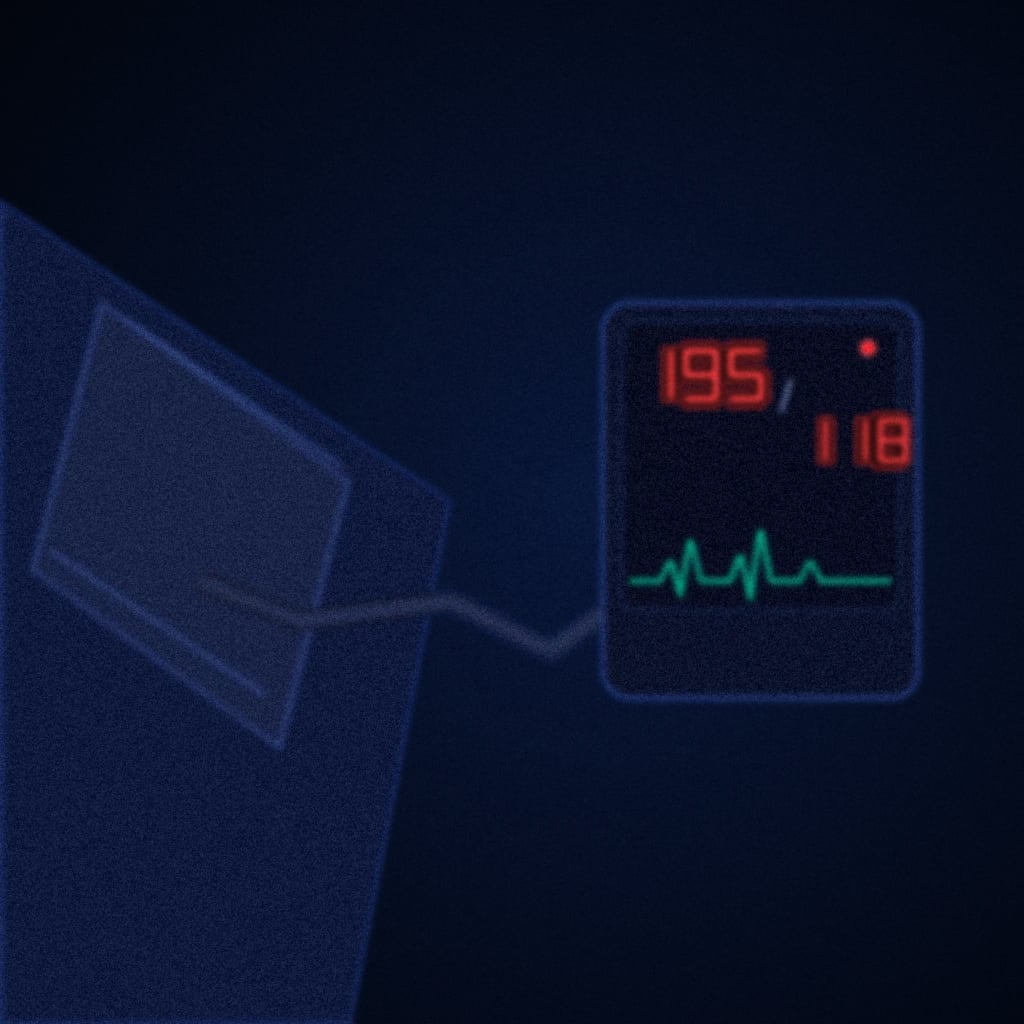 A blood-pressure monitor showing a severe reading in a resuscitation bay