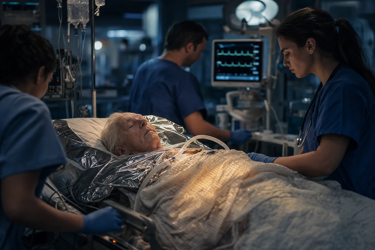 A resuscitation team gently warming a cold, pale hypothermic patient in an emergency bay under a forced-air warming blanket, a cardiac monitor showing a slow rhythm in the background