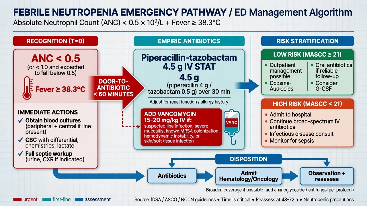 Educational ED management pathway for febrile neutropenia with door-to-antibiotic sixty minutes anti-pseudomonal beta-lactam and escalation agents