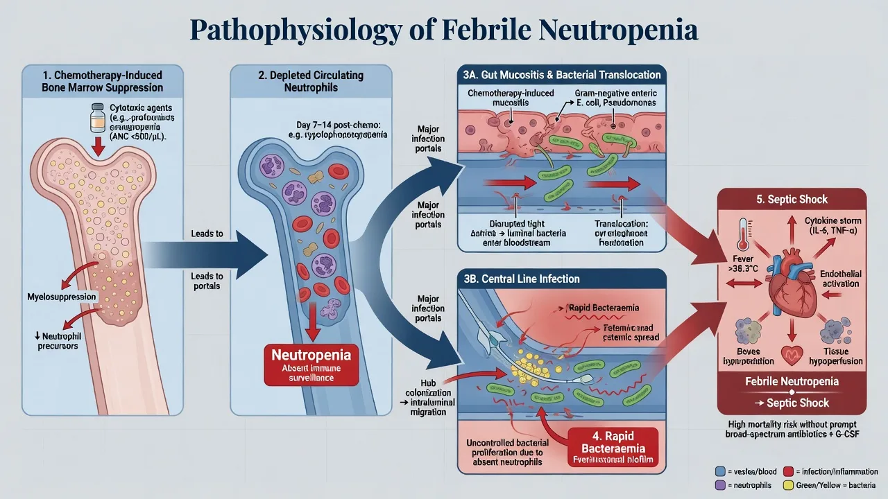 Educational pathophysiology cascade of febrile neutropenia showing marrow suppression mucositis bacterial translocation and central line infection