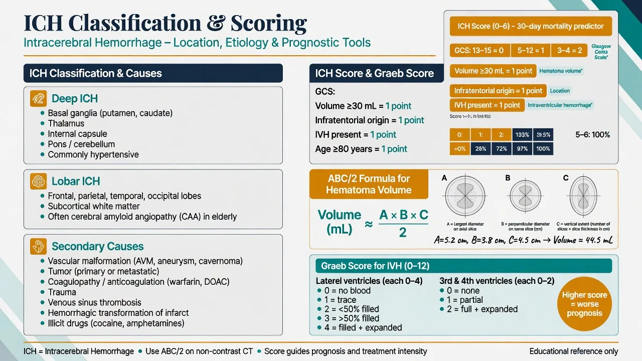 Educational poster of ICH classification, ICH score, Graeb score and ABC/2 volume formula