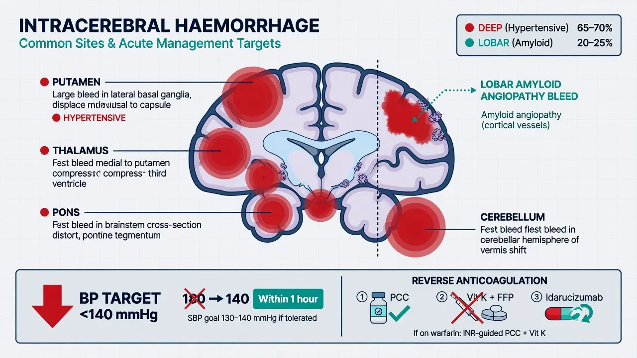 A CT head showing a hypertensive basal ganglia haemorrhage beside a blood-pressure control chart