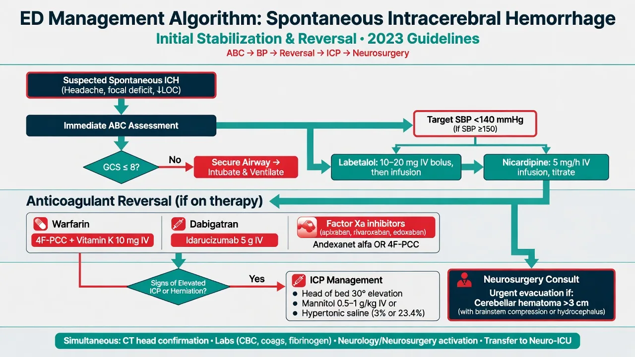 Educational ED management algorithm for spontaneous intracerebral haemorrhage: airway, SBP 140, anticoagulation reversal, ICP and neurosurgery