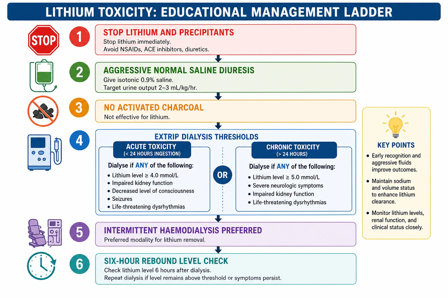 Educational management ladder for lithium toxicity: stop precipitants, normal saline diuresis, EXTRIP dialysis thresholds and rebound check
