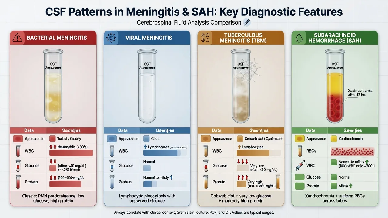 Four-panel educational chart comparing bacterial, viral, tuberculous and SAH cerebrospinal fluid patterns by appearance, cells, glucose and protein