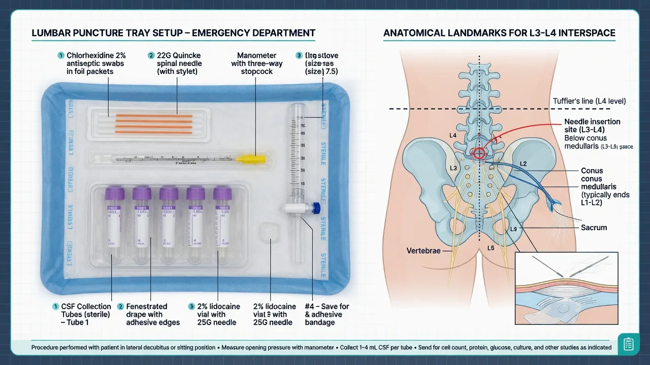 A lumbar puncture tray with manometer and CSF tubes beside a CT clearance and an opening-pressure reading