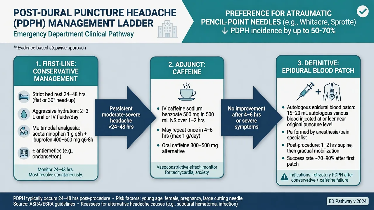 Stepwise post-dural puncture headache management ladder from conservative care to caffeine to epidural blood patch, with atraumatic needle preference banner
