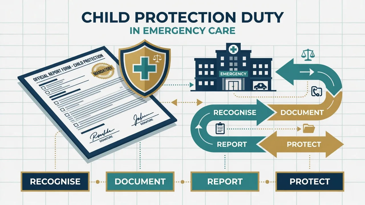 A child-protection checklist with sentinel-injury diagrams beside a mandatory-reporting form