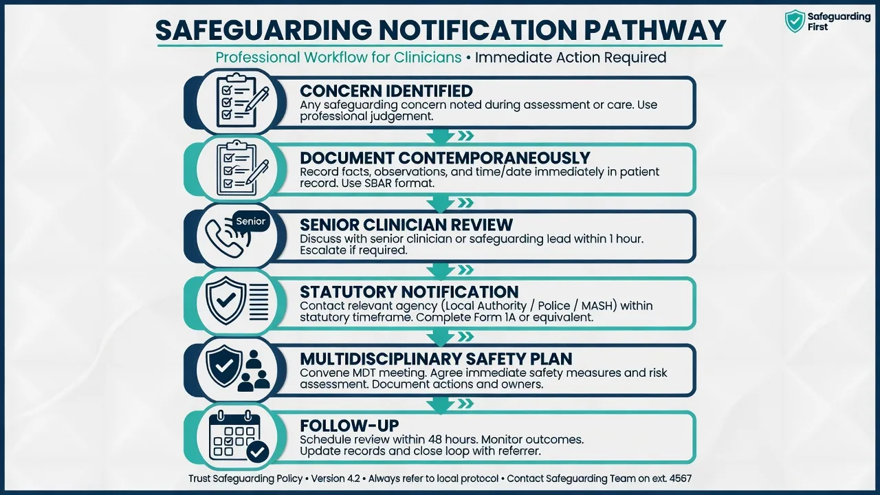 Mandatory reporting pathway from suspicion through senior strategy discussion to statutory child-protection notification