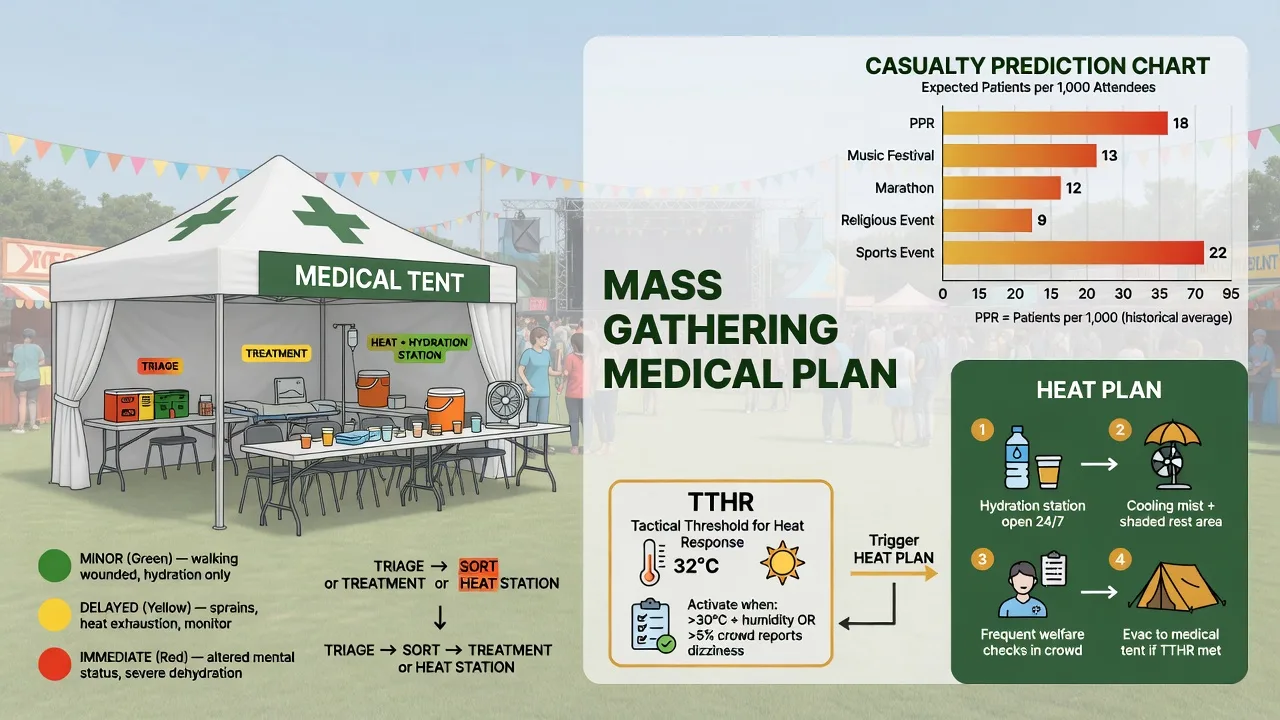 A medical tent at a mass-gathering event with a casualty prediction chart and triage sort
