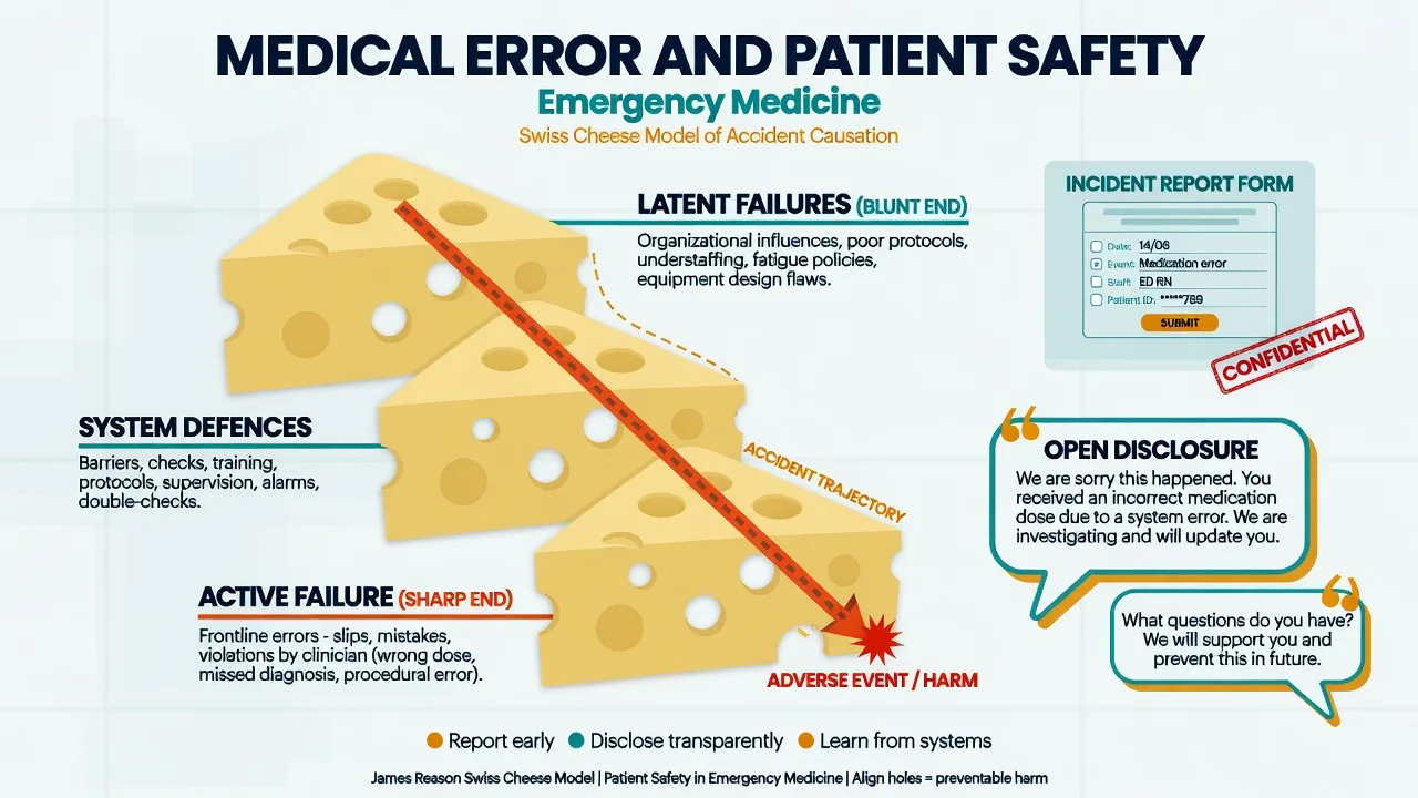 A Swiss cheese model diagram beside an incident-reporting form in the emergency department