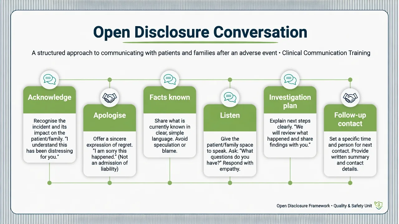 Open disclosure conversation steps from acknowledgement through apology investigation and follow-up