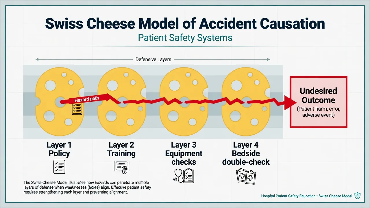 Reason Swiss cheese model showing latent blunt-end failures aligning with an active sharp-end failure