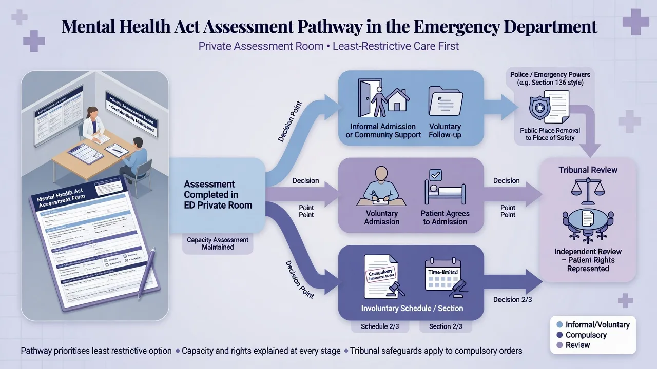 A Mental Health Act assessment form beside a private emergency department assessment room