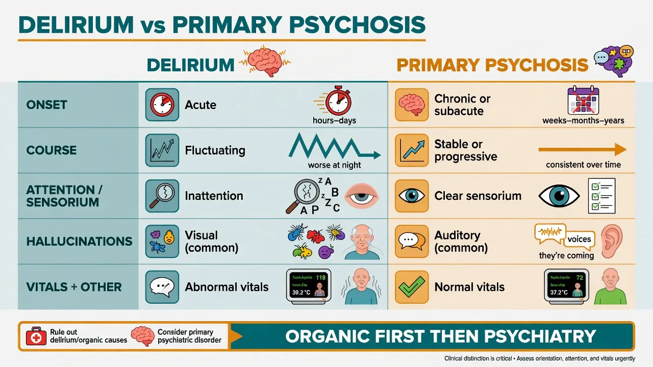 Side-by-side comparison of delirium versus primary psychosis features