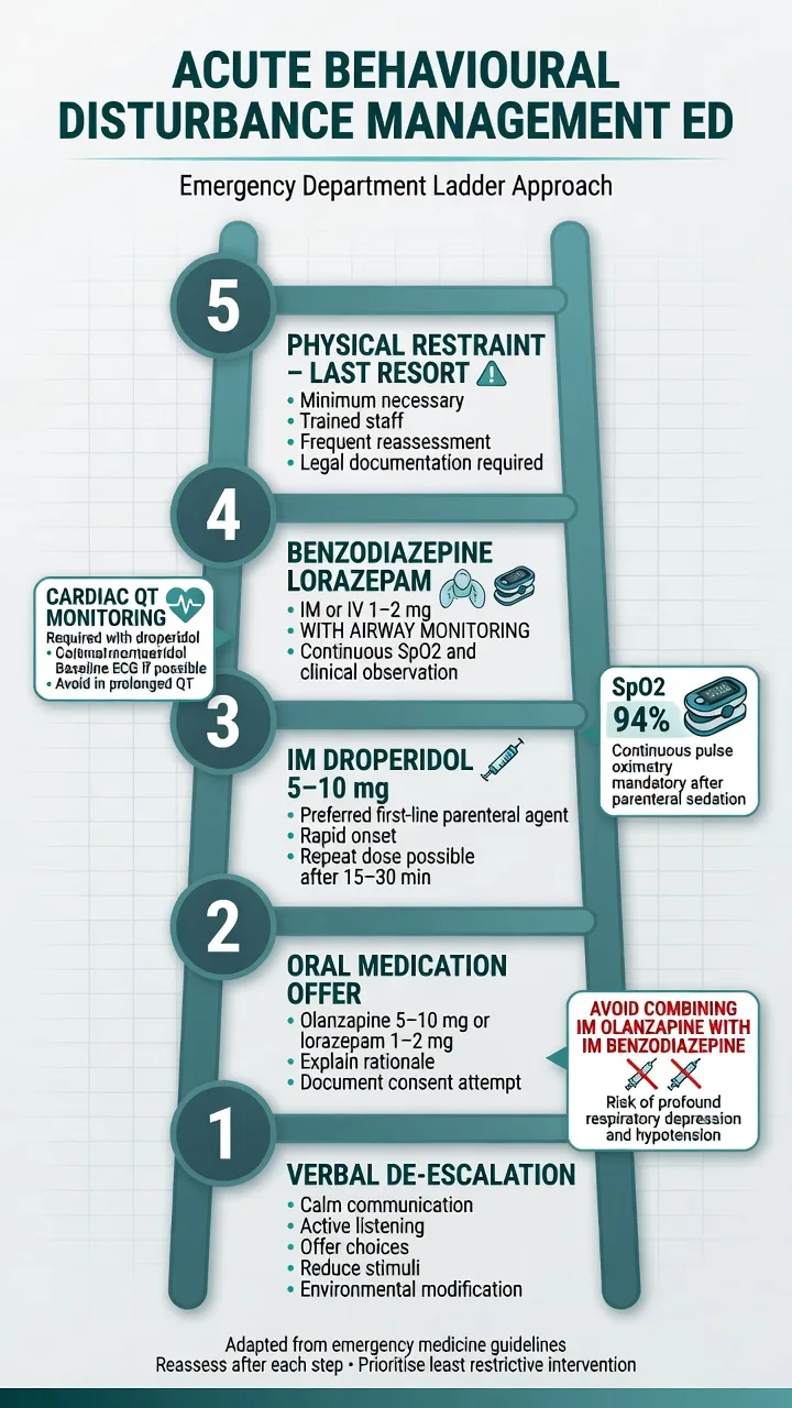 Stepwise ladder from verbal de-escalation to intramuscular sedation for acute behavioural disturbance