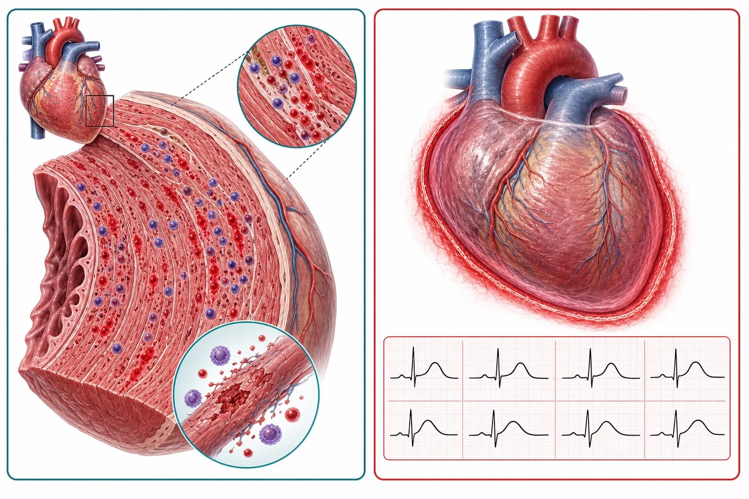Classification diagram distinguishing pericarditis, myocarditis, myopericarditis and fulminant myocarditis with ECG and troponin cues