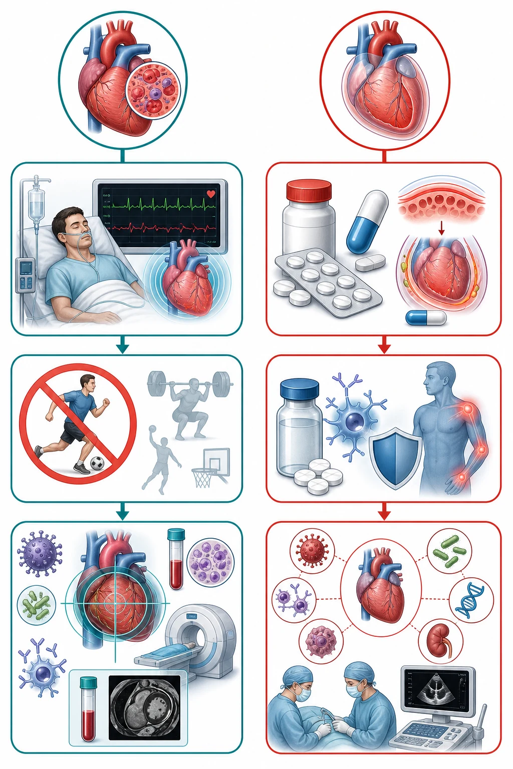 Management pathway splitting NSAID plus colchicine for pericarditis from supportive care and ICU support for myocarditis