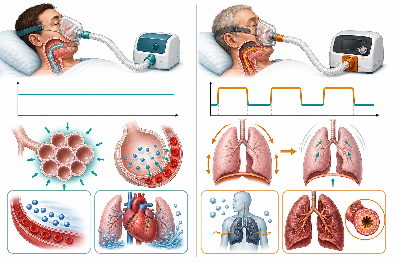 Side-by-side comparison of CPAP continuous pressure versus BiPAP IPAP and EPAP with type 1 and type 2 respiratory failure indications