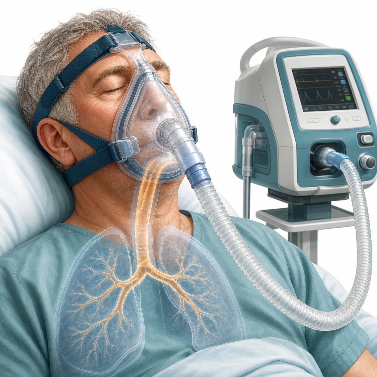 A patient on a BiPAP mask with the ventilator settings displayed in a resuscitation bay