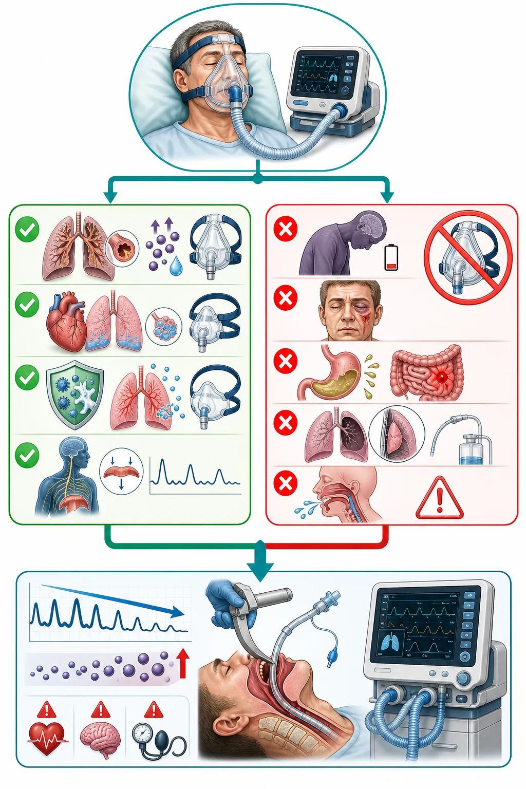 NIV initiation, titration and failure-to-intubate flowchart for COPD BiPAP and cardiogenic oedema CPAP
