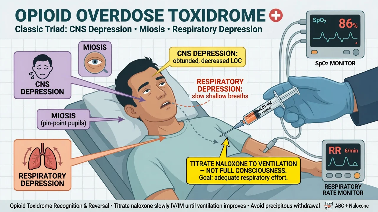 A patient with pin-point pupils and respiratory depression receiving naloxone beside aused-syringe