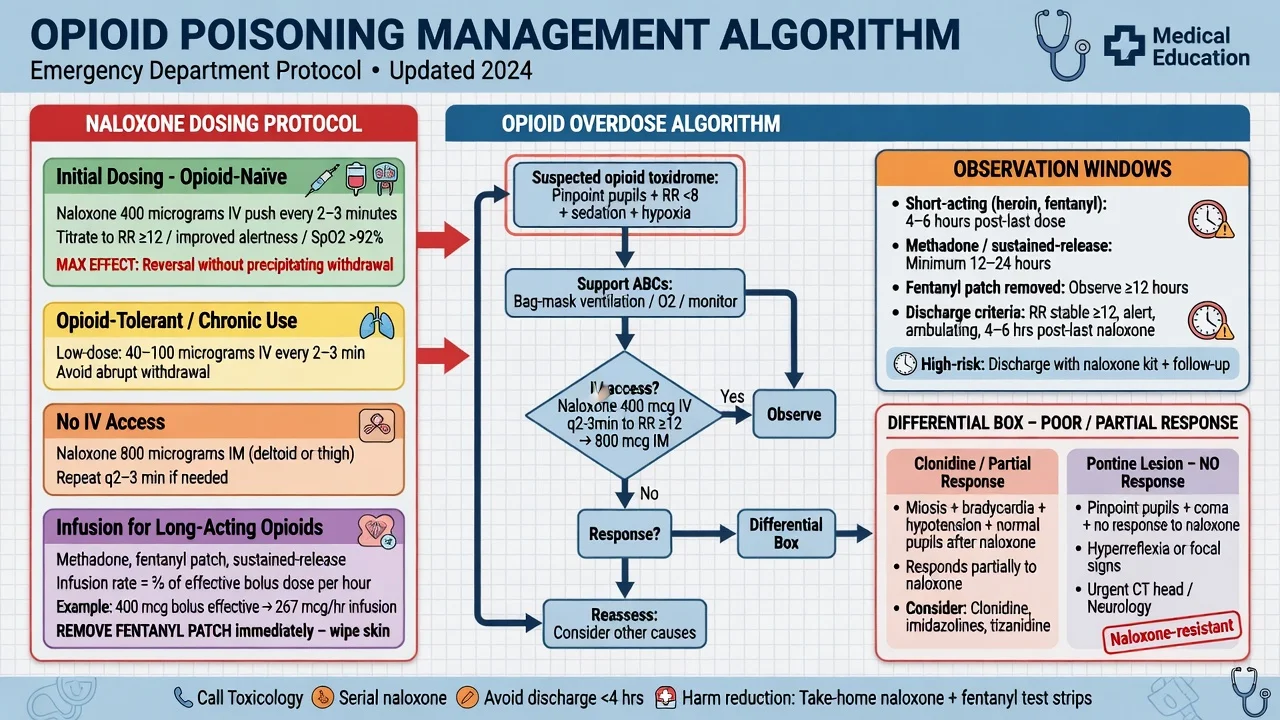 Opioid poisoning management algorithm with naloxone 400 microgram titration, low-dose strategy, infusion at two-thirds of effective bolus, and differential for clonidine and pontine haemorrhage
