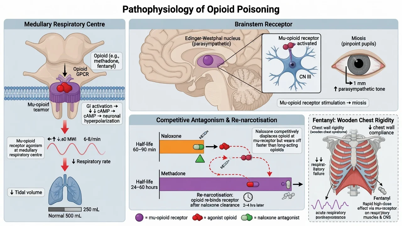 Mu-opioid receptor at medullary respiratory centre, miosis pathway, and naloxone short half-life versus methadone re-narcotisation