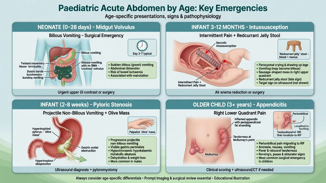 Age-based paediatric abdominal emergency map covering neonatal bilious vomiting, infant intussusception, pyloric stenosis and childhood appendicitis