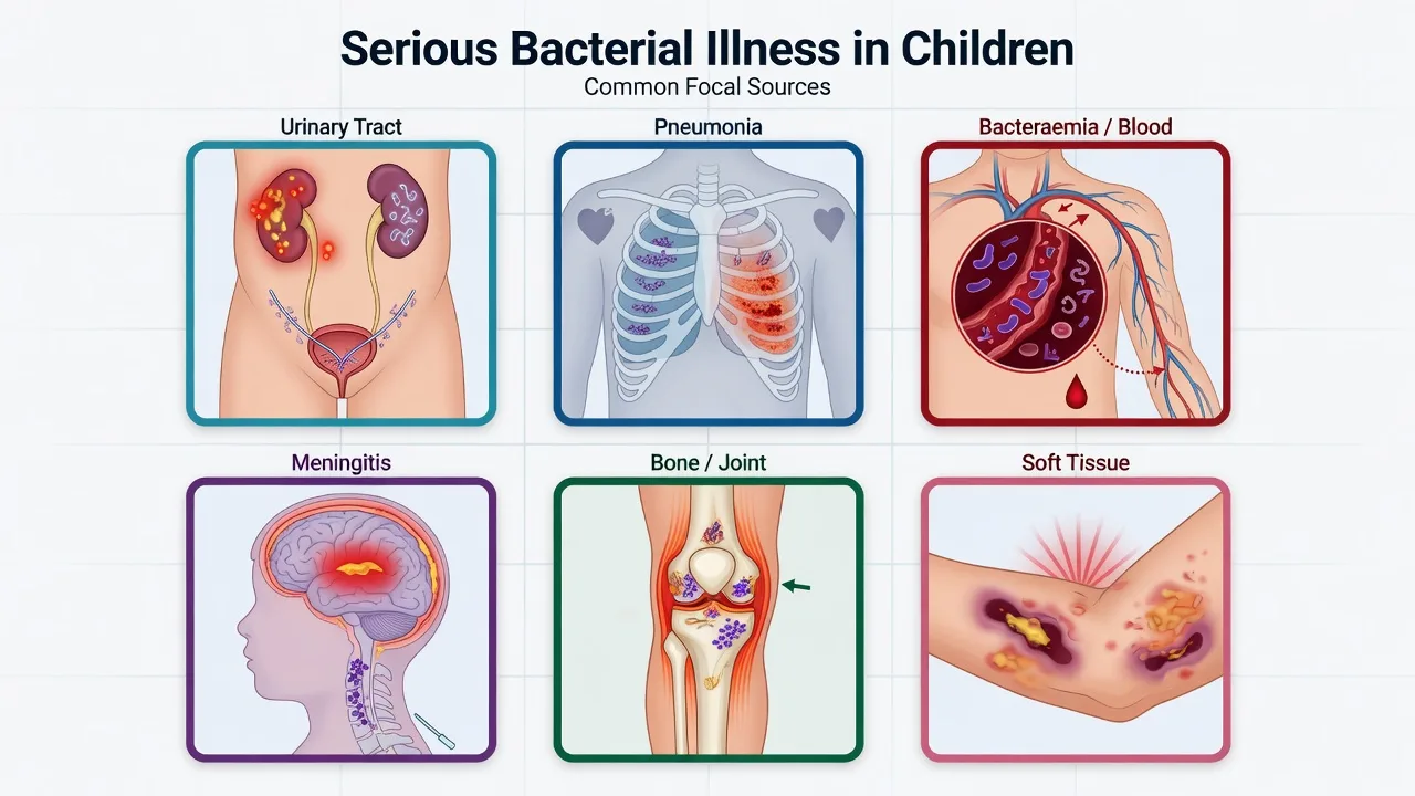 Six serious bacterial illnesses in children: UTI, pneumonia, bacteraemia, meningitis, bone and joint, soft tissue