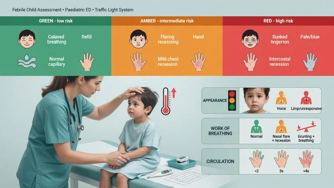 A febrile child assessed with the NICE traffic-light system beside a serious-bacterial-illness workup
