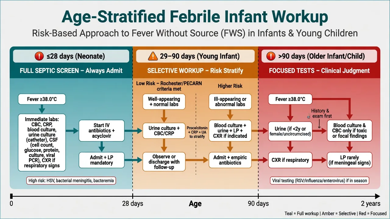 Age-stratified febrile infant workup bands from neonate full septic screen to older child focused tests