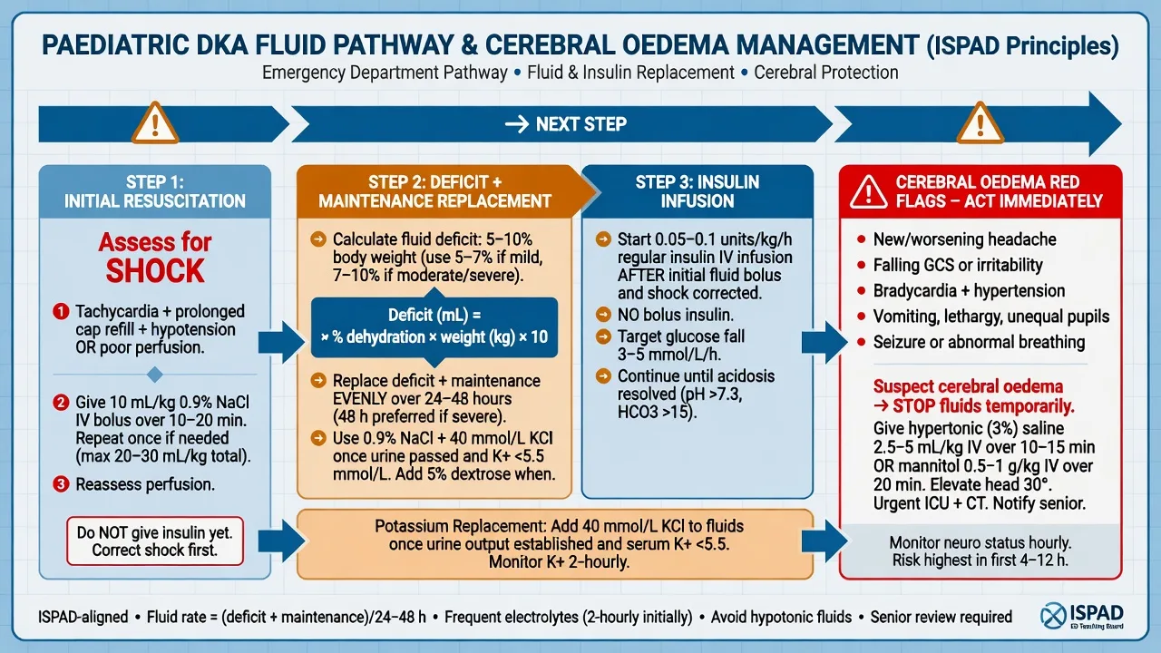 Four paediatric fluid prescriptions — resuscitation, maintenance by Holliday-Segar, deficit replacement and ongoing losses — with sodium safety banner