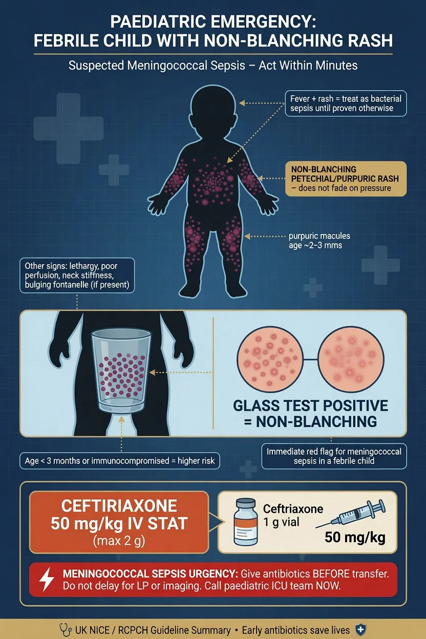 A febrile child with a petechial rash beside a glass-test and a meningococcal-sepsis resuscitation