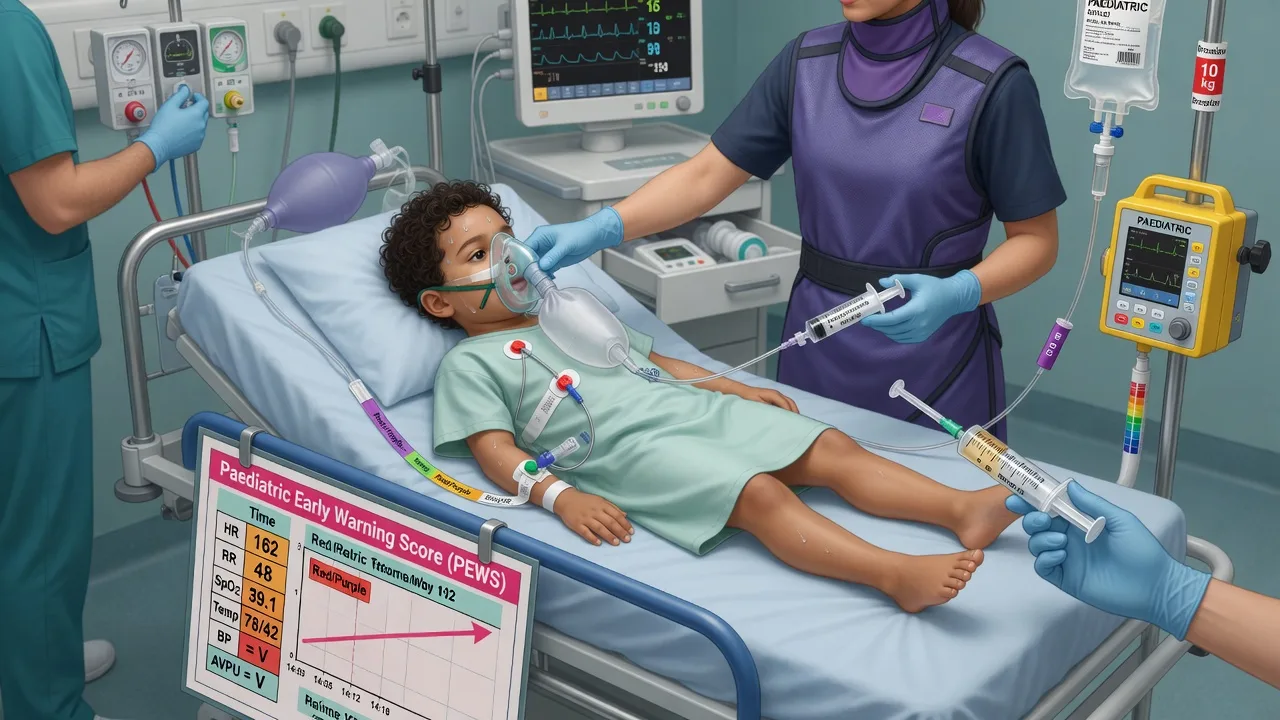 A septic child receiving weight-based fluids and antibiotics beside a Paediatric Early Warning chart