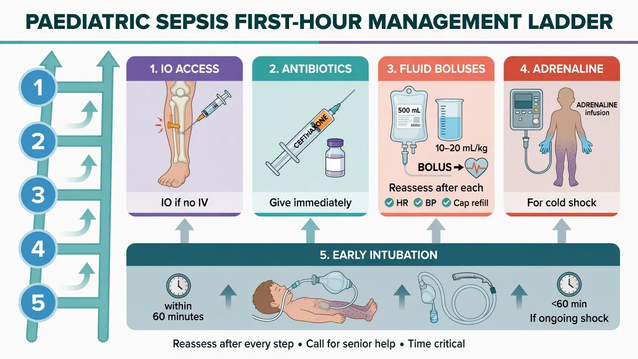First-hour paediatric sepsis bundle: access, antibiotics, titrated fluid, vasoactive support