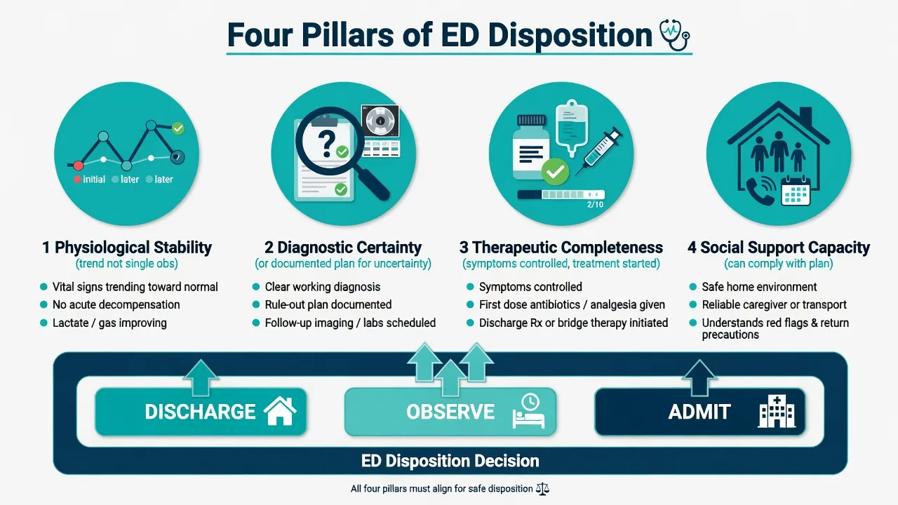 Four pillars of ED disposition: physiological stability, diagnostic certainty, therapeutic completeness, social support capacity