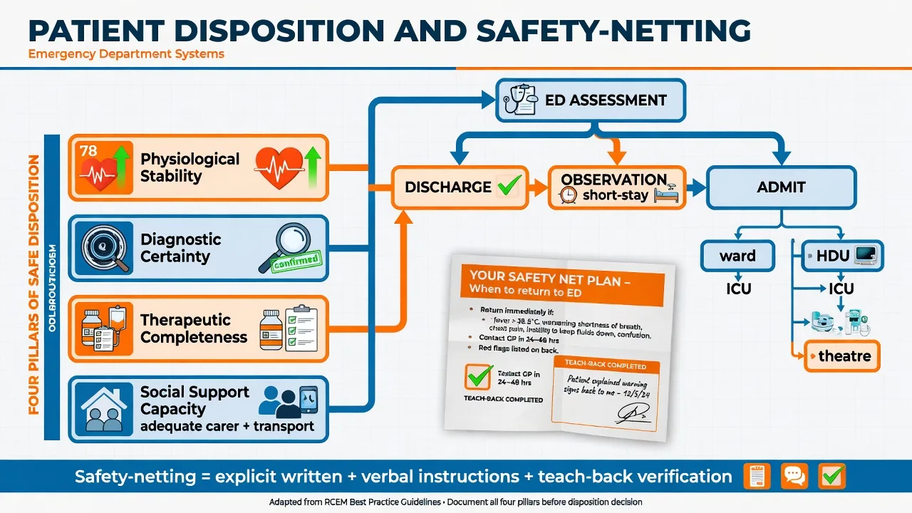 A disposition decision tree beside a written safety-net advice leaflet for a discharged patient