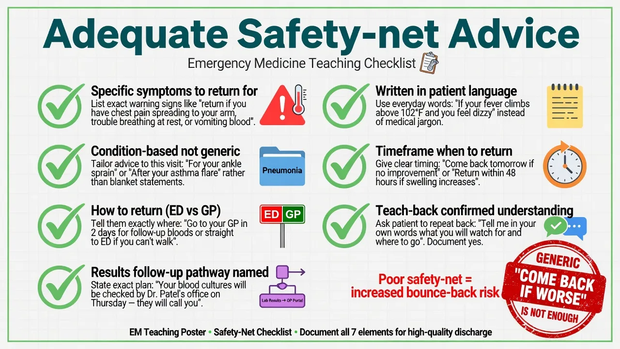 Written safety-net advice checklist with specific return precautions and teach-back