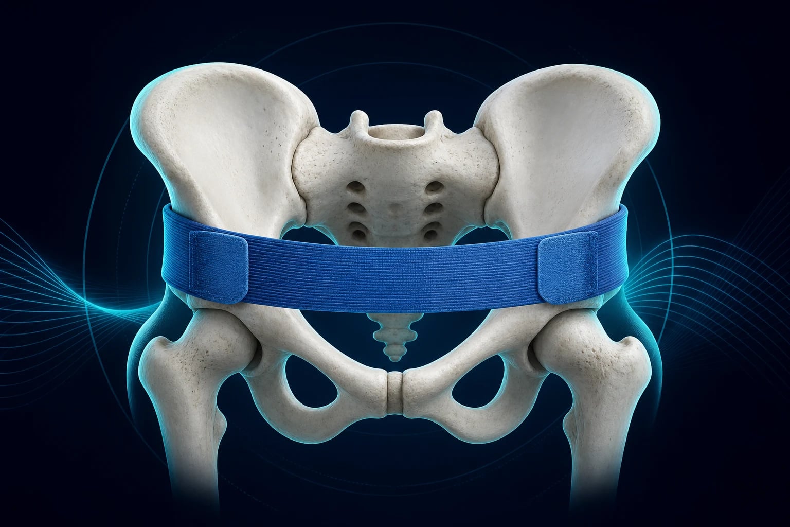 Abstract illustration of a pelvis bone with a blue compression band representing a pelvic binder