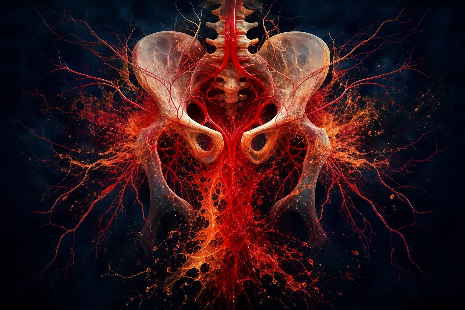 Abstract illustration of blood vessels spreading from a pelvis representing haemorrhage